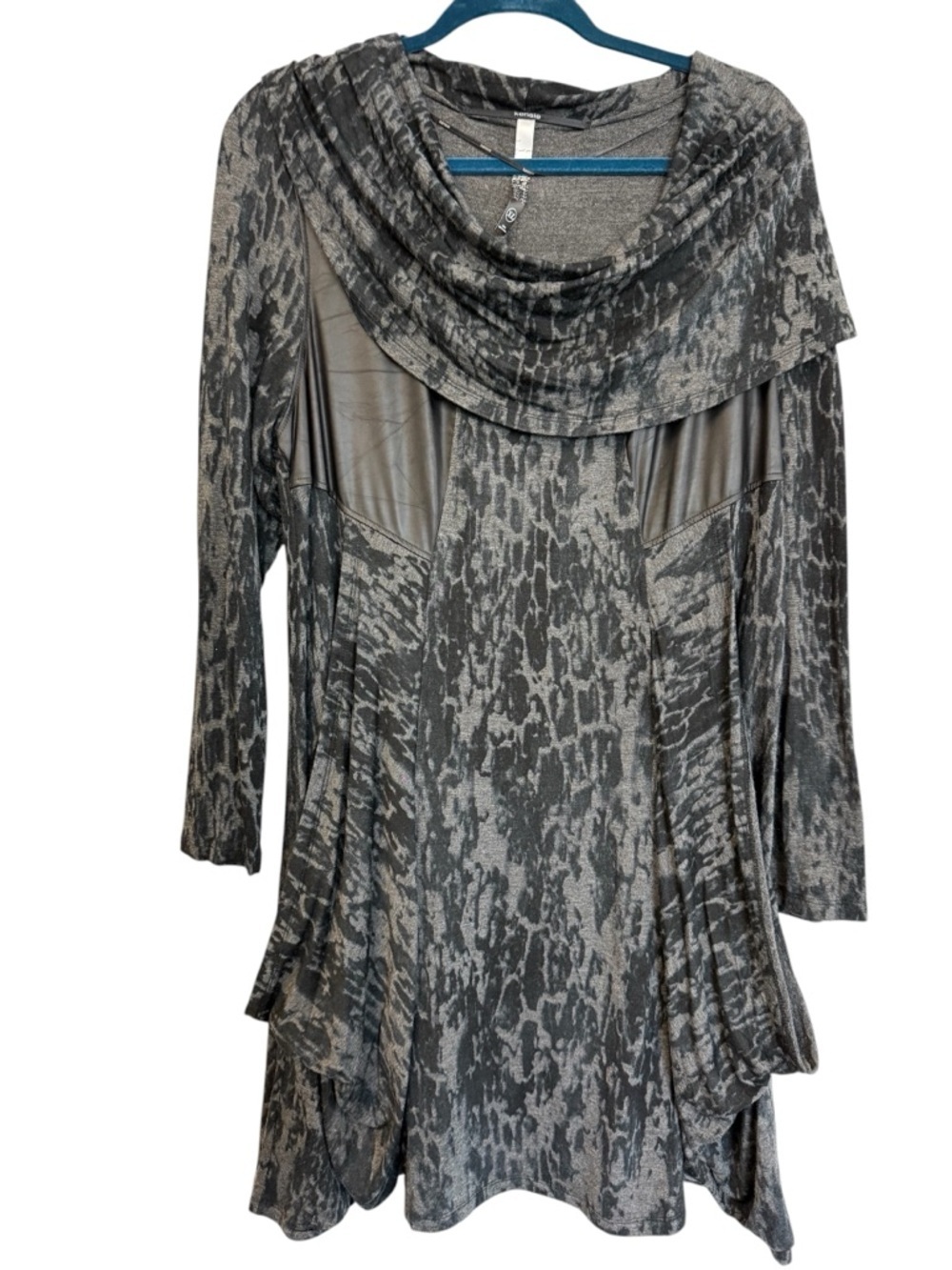 Kensie XL Gray Black Animal Print Cowl Neck Tunic Top Faux Leather Accents